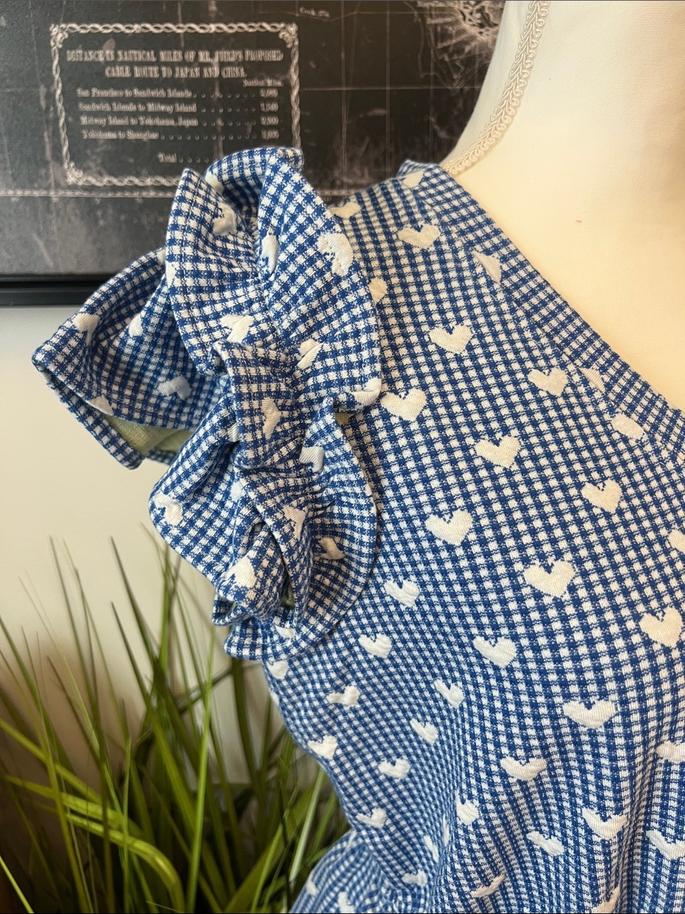 Blue Heart-Print Gingham Ruffle Sleeve Blouse - Picture 2 of 5